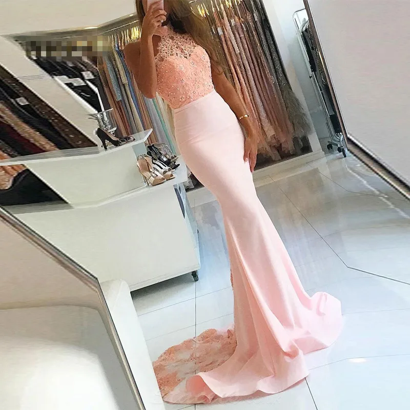 

Halter Mermaid Long Prom Dresses 2020 Sexy Pink Vestido Madrinha Evening Dress Party Elegant With Belt Gala Jurken