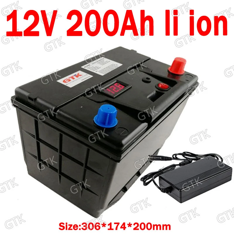 GTK 12V 200AH lithium ion battery ABS case with BMS for 1200W inverter  Forklift AGV Solar energy storage+10A Charger