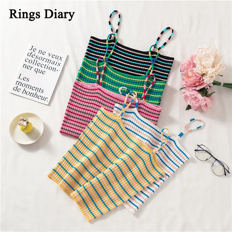 

Rings Diary Women Knitting Striped Tops Summer Spaghetti Strap Camisole Slim Fit Rainbow Stripe Sweet Kniited Crop Top For Girls