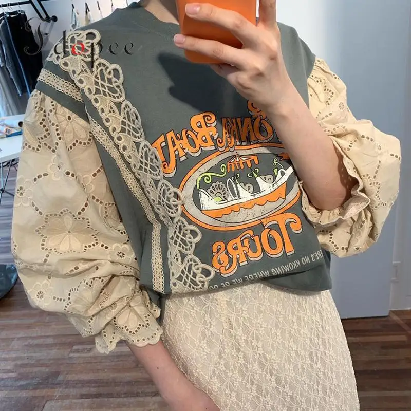 

2019 Autumn Oversized Hoodie Fashion Letters Printed Lantern Sleeve Three Quarter Contrast Color Age Reduction Sweatshirt Women