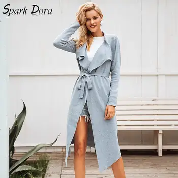 

SparkDora Belt Lace Up Women Cardigan Autumn Winter Long Sweater Jumper Knitted Cardigan Turn Down Collar Thick Casual Coat