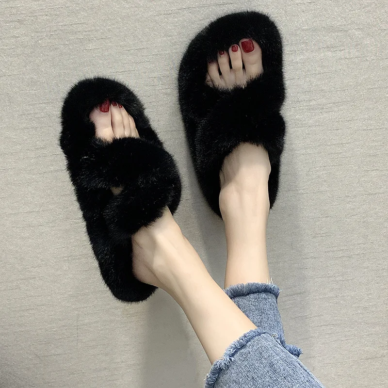 

2019 Autumn & Winter New Style Rabbit Fur Korean-style When Take Fluffy Shoes Cross Flat Online Celebrity Celebrity Style Slippe
