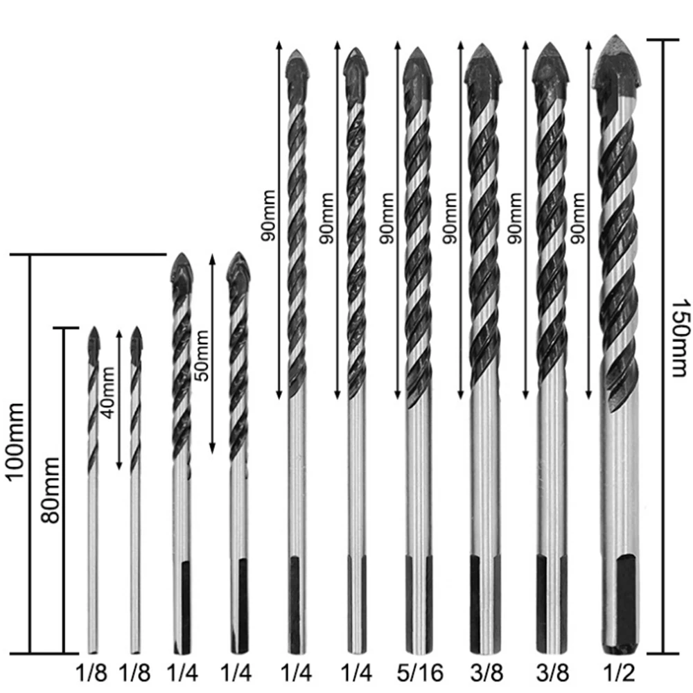 10 шт. твердосплавные 1/8 1/4 5/16 3/8 1/2 дюйма наконечники для каменной кладки сверла твист набор сверл для плитки кирпича цемента бетона легко сверлить