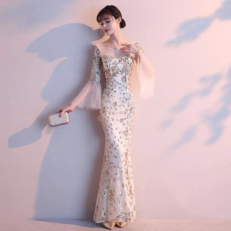 Женское кружевное пэтчворк вечернее платье с расклешенными рукавами элегантное Qipao благородное платье русалки Cheongsam шикарное китайское платье макси с блестками и бусинами - Цвет: Light Champagne