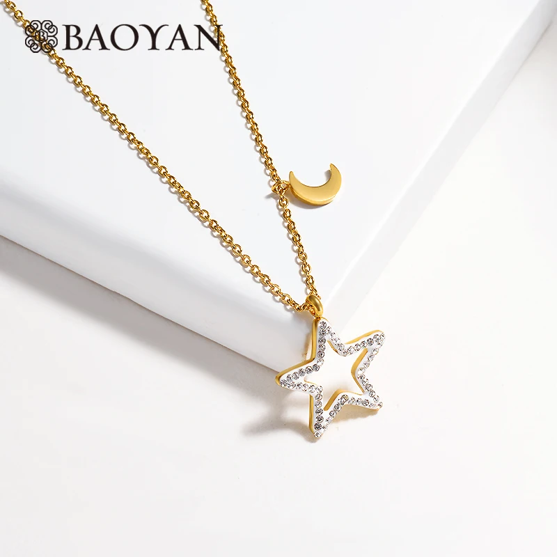 

Baoyan Lucky Star Necklace Hollow Rhinestone Star Pendant Necklace Rose Gold/Silver/Gold Plating Stainless Steel Necklaces Women