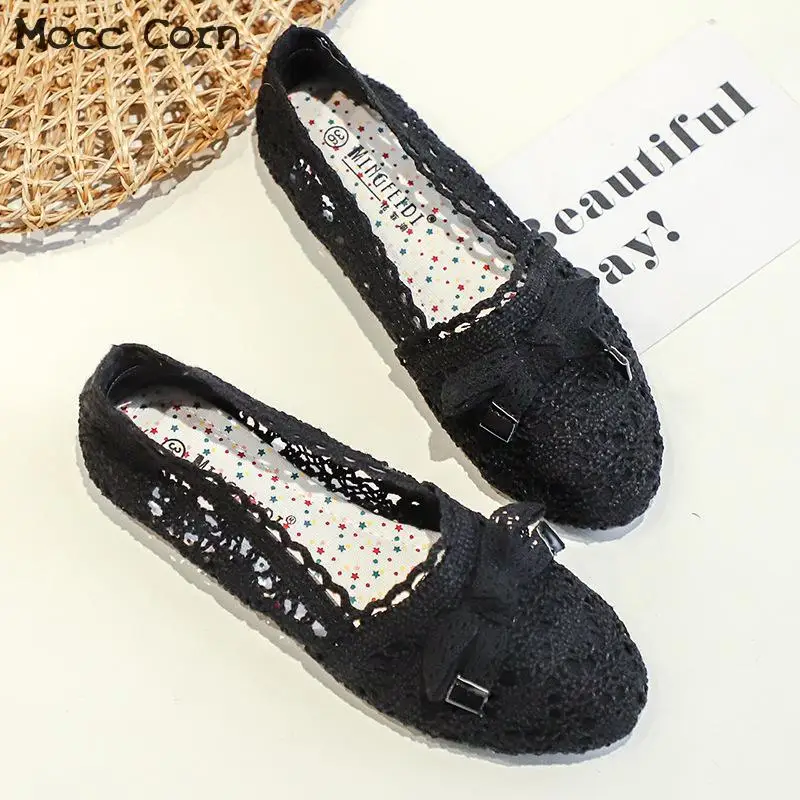 

Breathable Mesh Shoes Women Bow Flats Summer Comfortable Slip On Loafers Casual Shoes Hollow Air Soft Lady Footwear Fashion New
