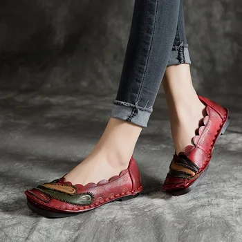 

Women Leather Flats Lazy Shoes Spring 2019 Women Genuine Leather Loafers Rainbow Pattern Retro Shoe Handmade Women Flats Tyakiho