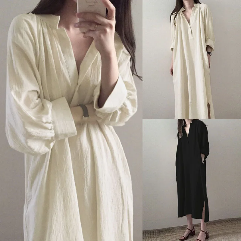Весенний офисный сарафан ZANZEA Осень 3/4 рукав Vestido для женщин v-образный вырез Длинные рубашки платье элегантный хлопок Сплит кафтан халат женский
