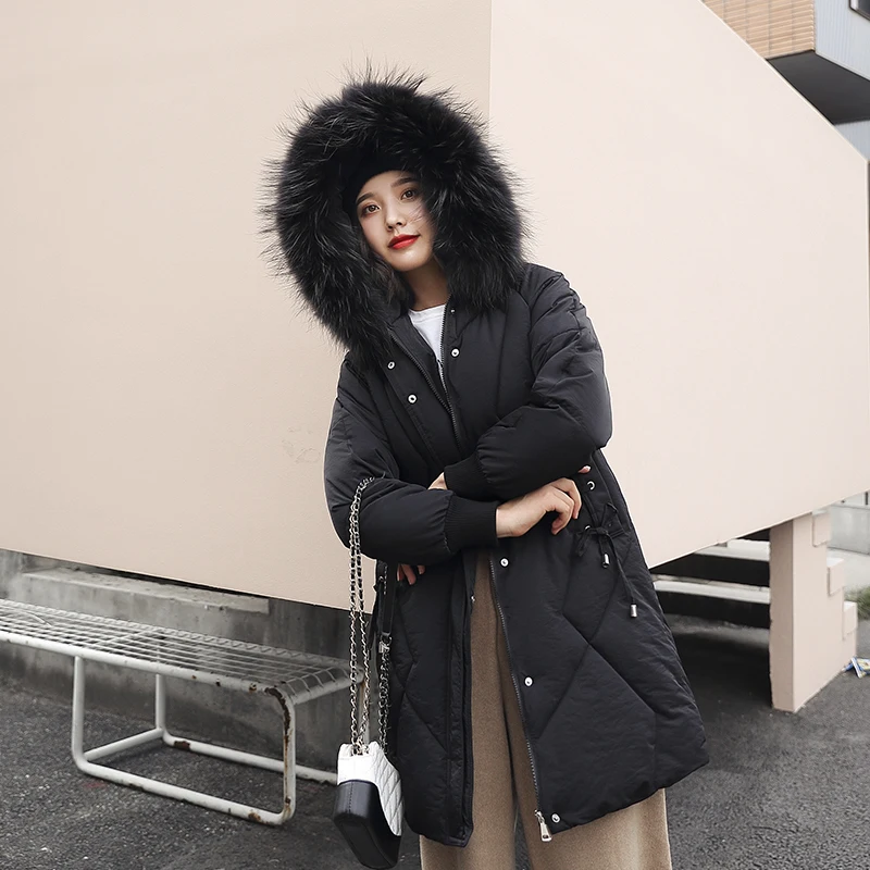 Best Causal New Women Winter Jacket Cotton Padded Warm Thicken Big Fur Collar Long Coats Down Parkas Office Lady