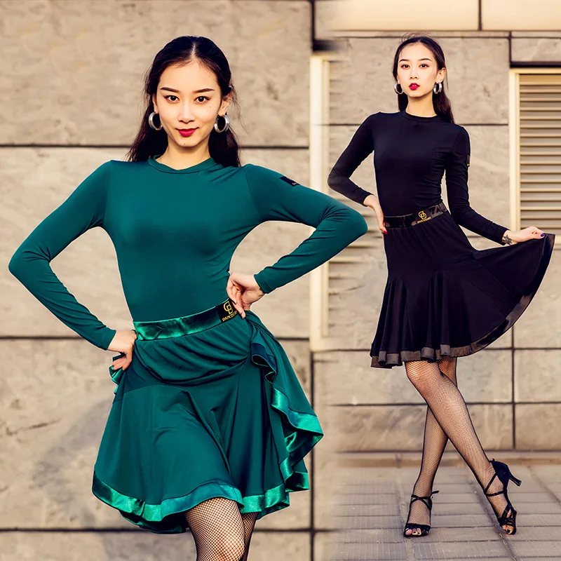 New Latin Dance Costume Tops+Skirt 2 Pieces Set Professional Sexy Long Sleeve Samba Practice
