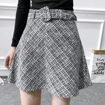 

A-Line Women Casual Skirts Mini High Waist Fashion Slim Female Skirts Plaid Trumpet Above Knee Sashes Ladies Elegant Skirts