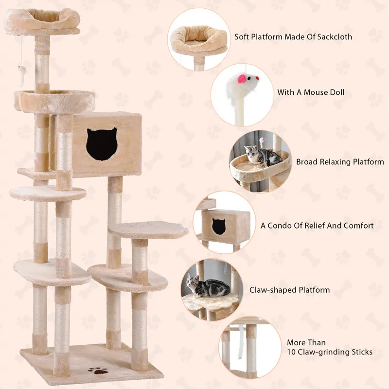 175cm Cat Tree Durable Cat Tower Activity Centre for Large Pet with Sisal Scratching Posts Kitten Shelf Cat Furniture/Supplies