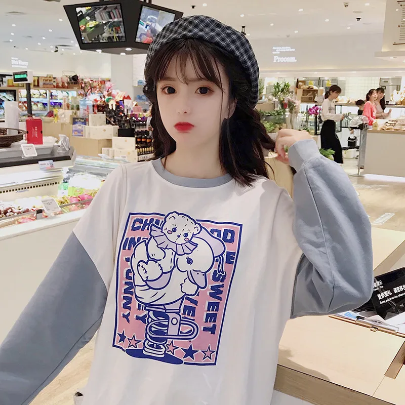 Lychee Harajuku Лоскутные Повседневные женские пуловеры с вырезом лодочкой милый кот с буквенным принтом Женская толстовка свободные осенние дамские свитшоты Топы