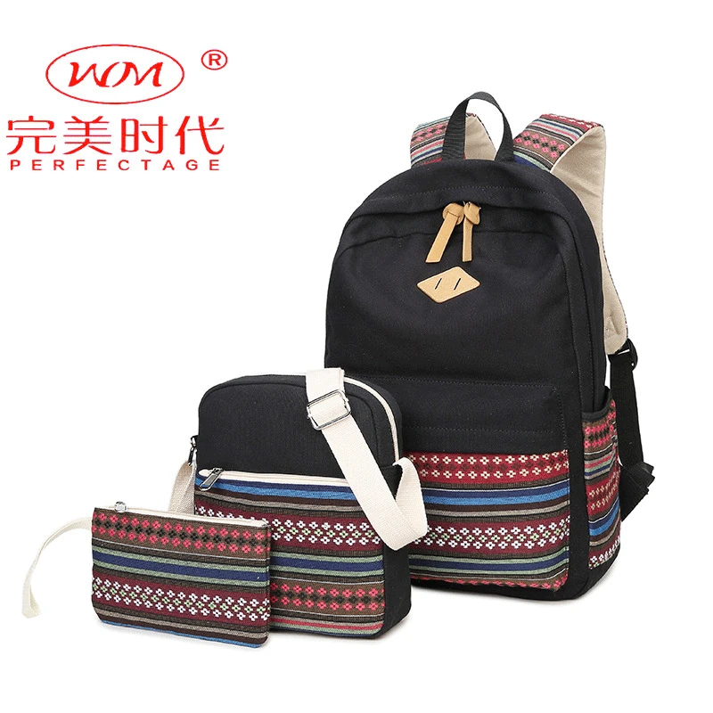 

New Style 2019 Fashion Nation Backpack Women's Canvas Casual College Backpack Middle School Students School Bag Three-piece Set