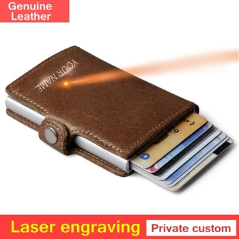 

Private customize Genuine Leather Men Aluminum Wallet Pocket Card holder RFID Blocking Mini Automatic Credit Card Purse gift