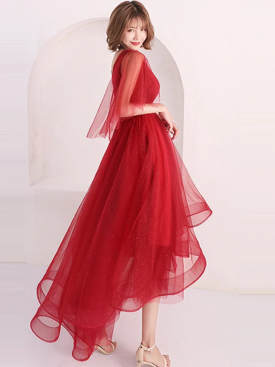 Prom Gown New Chiffon Tiered Robe De Soiree V-neck Short Sleeve Prom Elegant Dresses Red Lace Up Shining Prom Dress E133