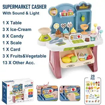 

29PCS/Set Cash Register Toy Set With Light Sound Pretend Play Toy Early Educational Toy for Kids Mini Supermarket Checkout Toy