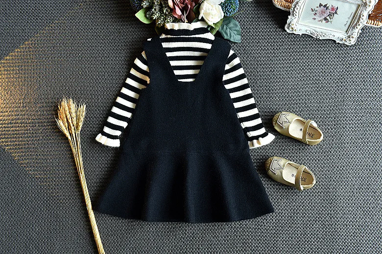 Yorkzaler Autumn Winter Knitted Children Clothing Set For Girl Striped Sweater With Dress Girl 2pcs Outfits Christmas Suit 3Y-7Y