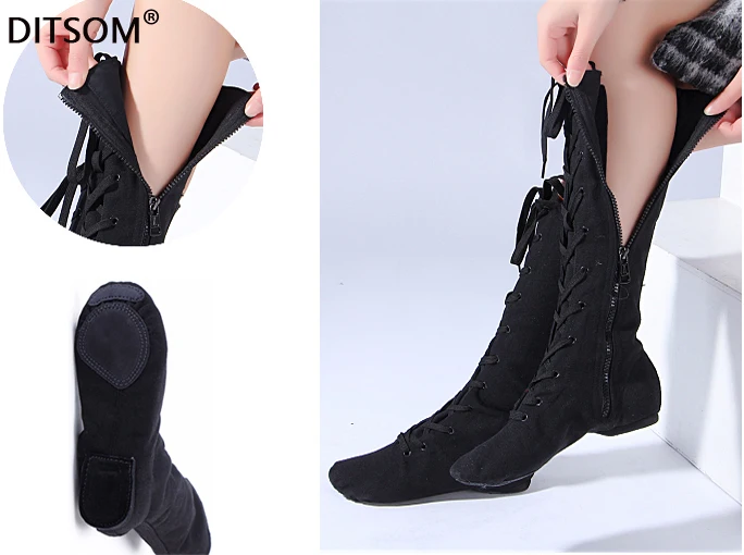 Ботинки женские высокие на шнуровке мягкие холщовые балетные джазовые