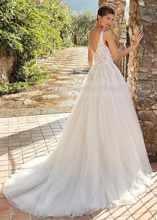 Vestido de noiva кружевное бра без рукавов с v-образным вырезом, Тюлевое свадебное платье трапециевидной формы с пуговицами, длина до пола, свадебное платье