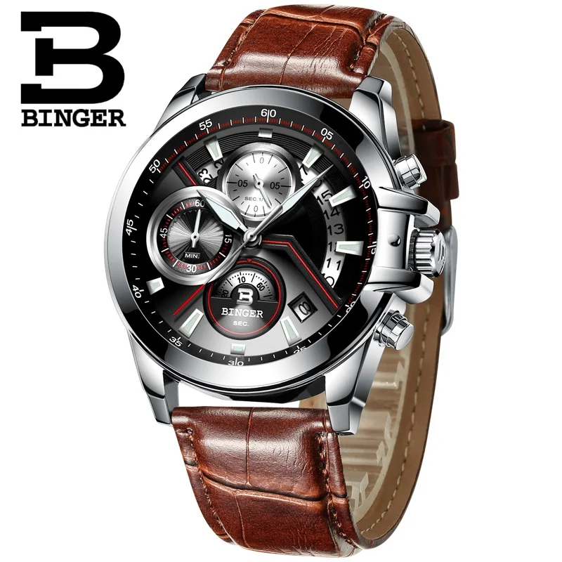 BINGER роскошные часы с автоматической датой, мужские водонепроницаемые стальные мужские часы, модные модельные деловые дизайнерские кварцевые часы с кожаным победителем - Цвет: LZBR-OPP package