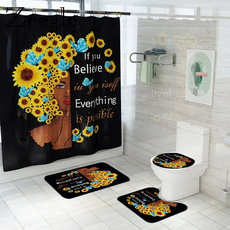 Sunflowers Woman Printed Bath Mat and Shower Curtain Set Flannel Bath Carpet Toilet Cover Mat Bathroom Floor Mat