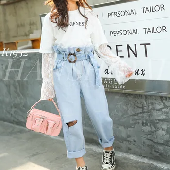 

Children's clothing 2020 spring new children's pants girls girls ruffled waist jeans with lace tie light points