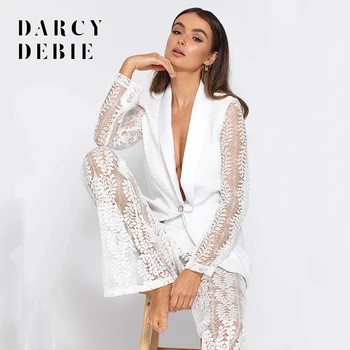 

2020 Spring Women Sexy Lace Patchwork Two Pieces Set Long Sleeve V Neck Blazel Coat Long Pants Suit Fashion Streetwear