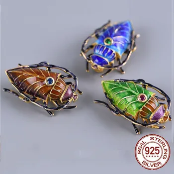 

New Fashion cloisonne enamel 925 real Silver brooch for Female old Beijing enamel craft insect woman brooch Jewelry Best Gifts