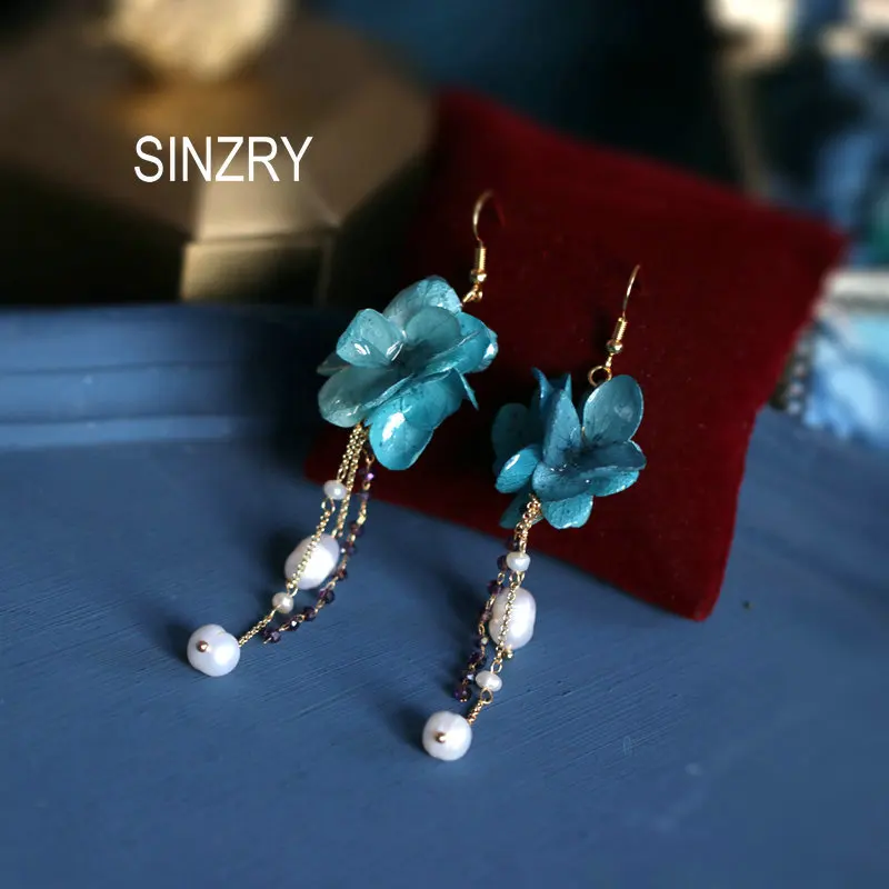 

SINZRY Fashion jewelry freshwater pearl handmade preserved flower vintage dangle earrings for women