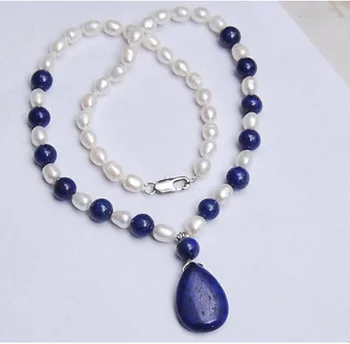 

Natural 7-8MM White Akoya Pearl / Lapis Lazuli Pendant Necklace 18"