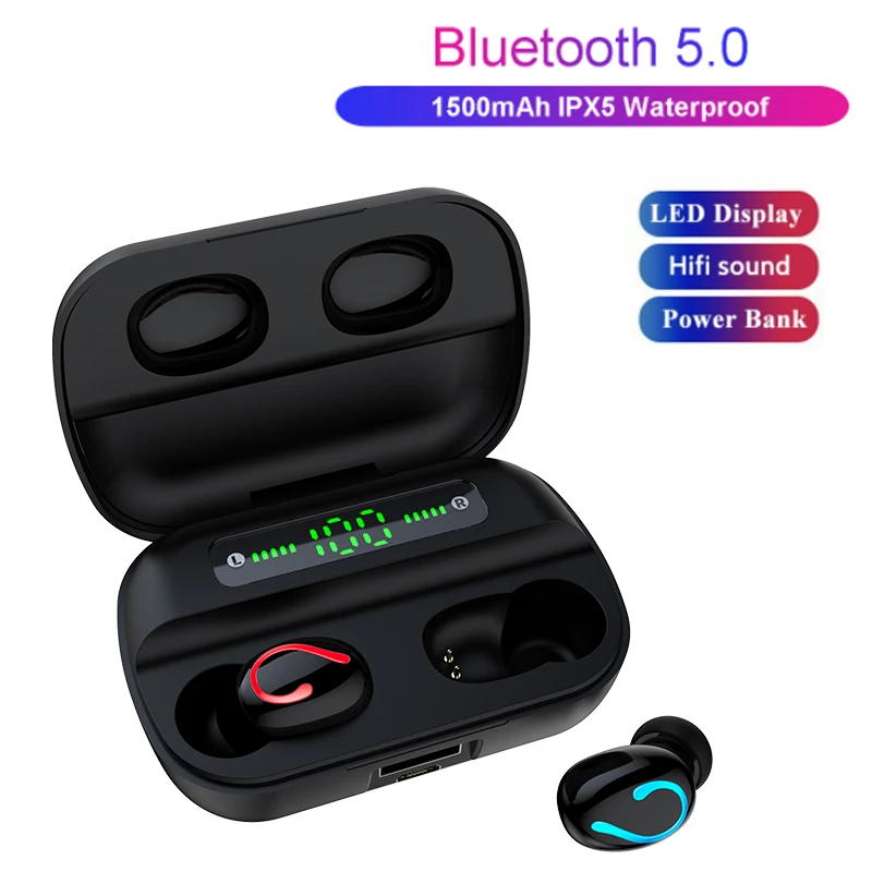 Беспроводные наушники Bluetooth V5.0 Q65 TWS Bluetooth спортивные наушники светодиодный дисплей с 1500 мАч Внешний аккумулятор гарнитура с микрофоном