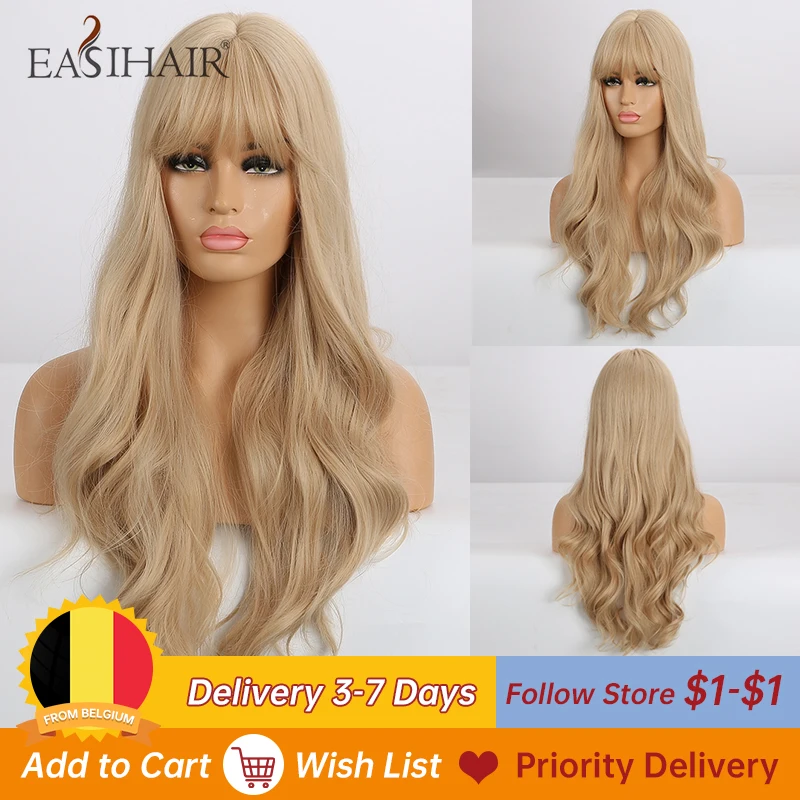 EASIHAIR rubia larga sintético ondulado pelucas para mujeres pelucas con flequillo de alta densidad Natural pelucas de Cosplay marrón Ombre resistente al calor