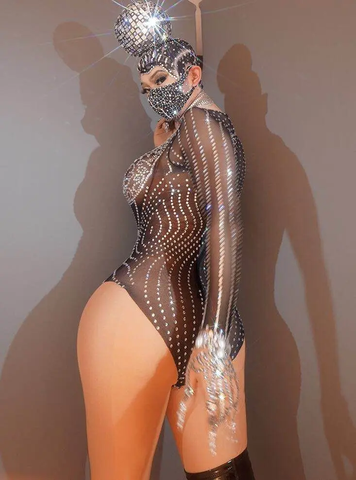 sheer bodysuit Mesh Bodysuit Silver Rhinestones Stretch Black Transparent Jumpsuit Nightclub Bar Sexy DJ Pole Dancing Costume Show Stage Wear long sleeve bodysuit