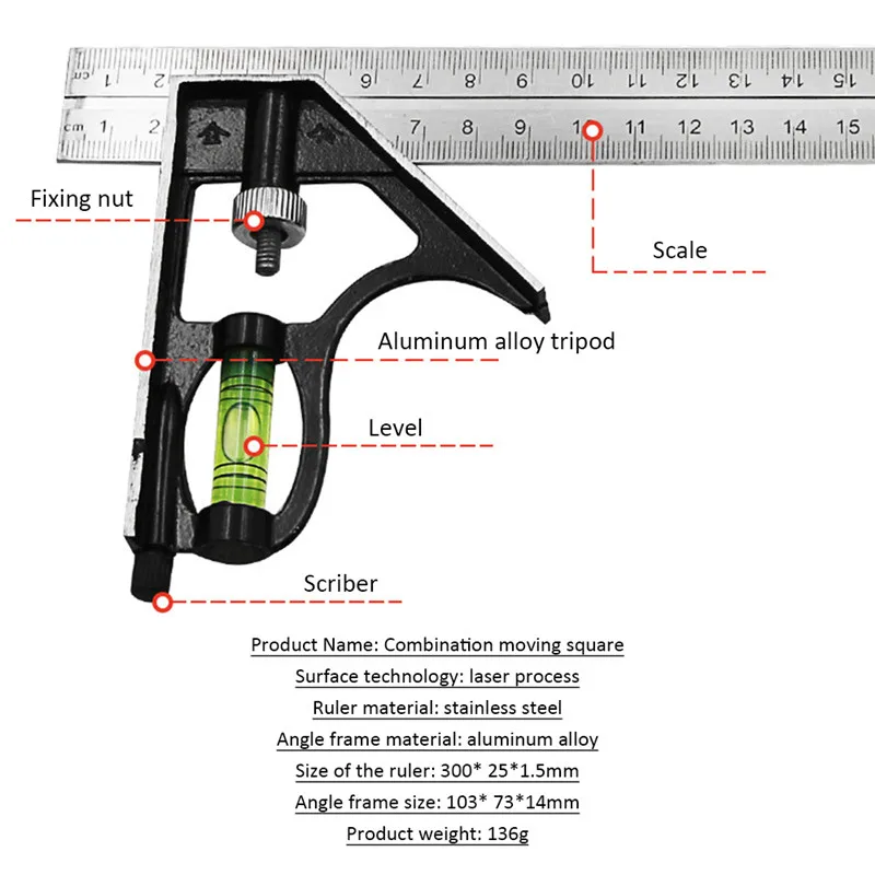 Новинка 300 мм(1") Регулируемая комбинированная квадратная угловая линейка 45 градусов с пузырьковым уровнем многофункциональные измерительные инструменты