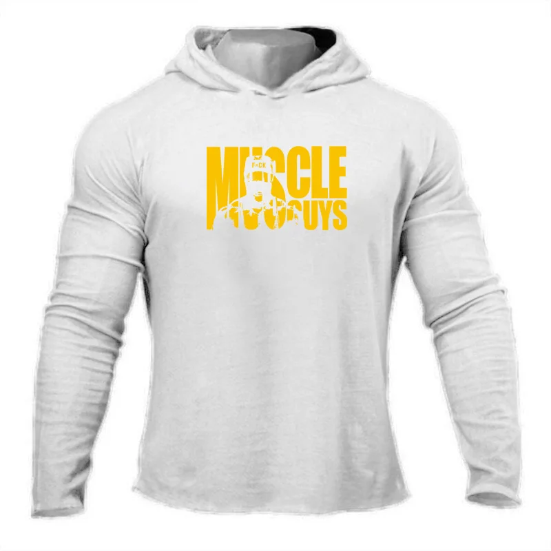 Muscleguys футболка с капюшоном для бодибилдинга Мужская футболка с длинным рукавом брендовая простая для тренажёрного зала одежда модная облегающая хлопковая футболка - Цвет: white63