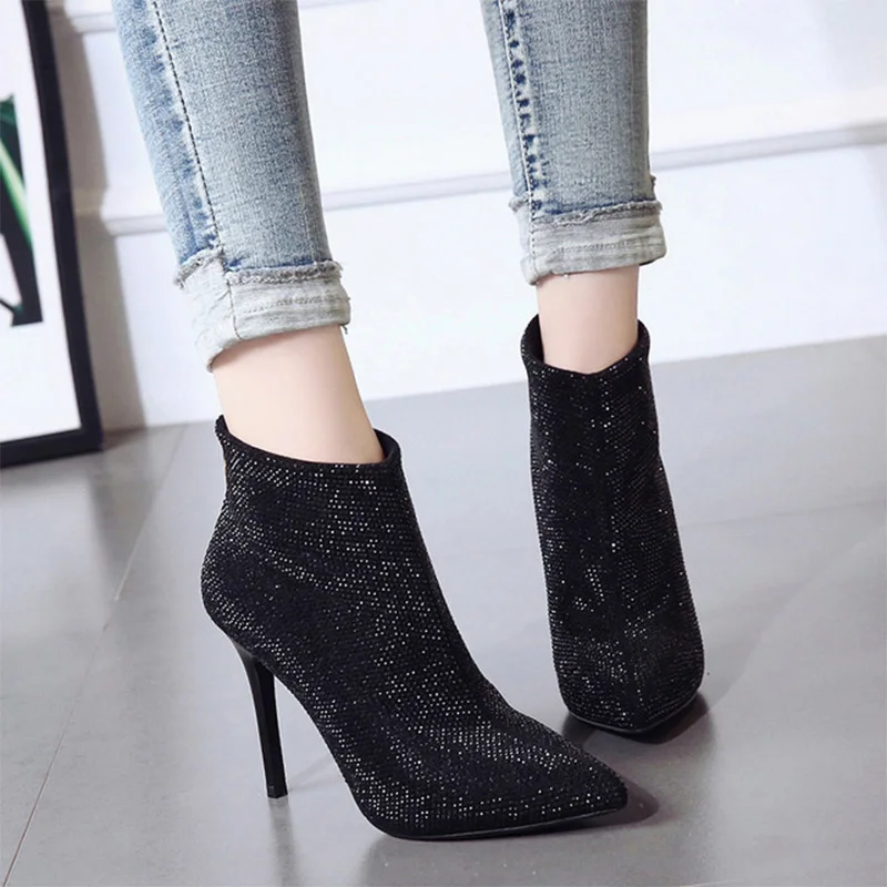 

MCCKLE Women Autumn Ankle Boots Pointed Toe Thin High Heels Stiletto Woman Zipper Shoes Female Solid Rhinestone Ladies Shoes