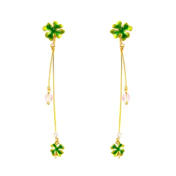 

New green happiness four-leaf clover earrings s925 sterling silver needle earrings female long face repair earrings