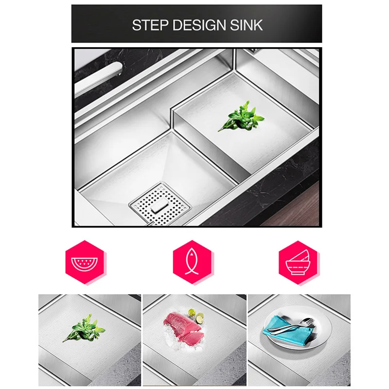 Three Cover Hidden Step Kitchen Sink 304 Stainless Steel 4mm Thickness Handmade Brushed Cloaking Innovative Kitchen Sinks 3