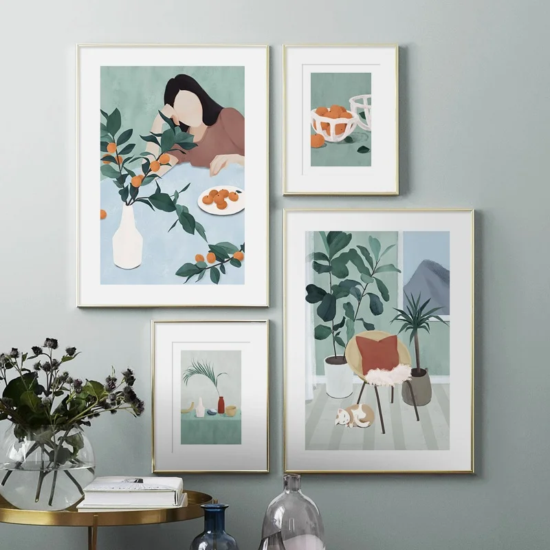 Абстрактная девушка дневной Кот лист растение Настенная печать бумага холст