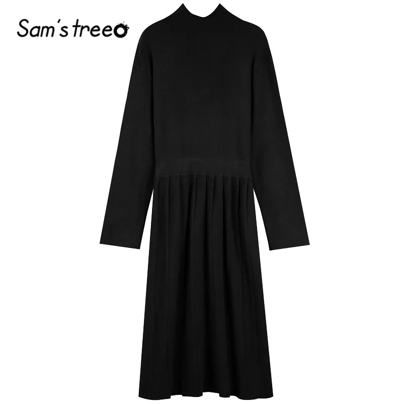 SAM'S TREE/черный однотонный минималистичный пуловер трапециевидной формы, платье-свитер для женщин, зимние вязаные платья с длинным рукавом, повседневные женские платья