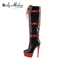 Onlymaker/женские Сапоги выше колена на высоком каблуке 16 см, на молнии, на платформе, красного вина, стрейч, большие размеры US5-US15, женские сапоги