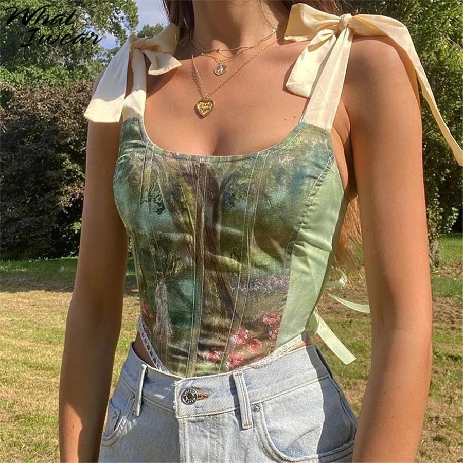 Whatiwear Summer Women T-shirts Y2k Vintage Corset 2022 Aesthetic Print Backless Top Fashion Woman Blouses Party Streetwear