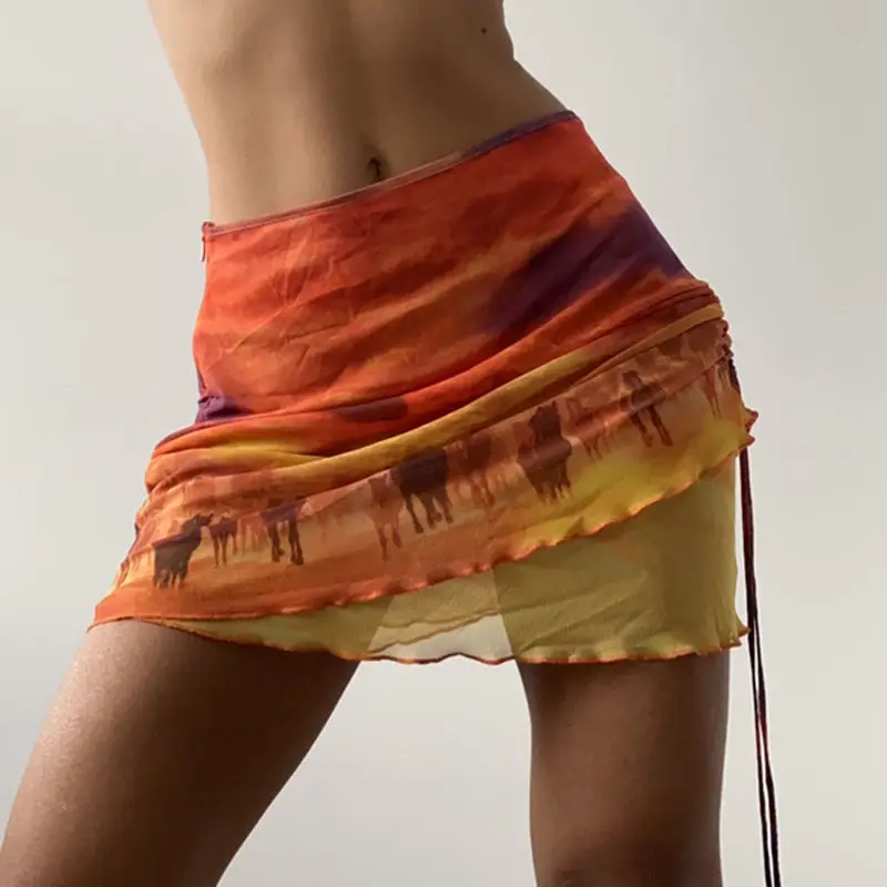 

Tie Dye Print Mesh Sexy High Waist Mini Skirt Harajuku Y2k Double Layer Short Skirts Womens Summer 2021 Alt Streetwear Fernan
