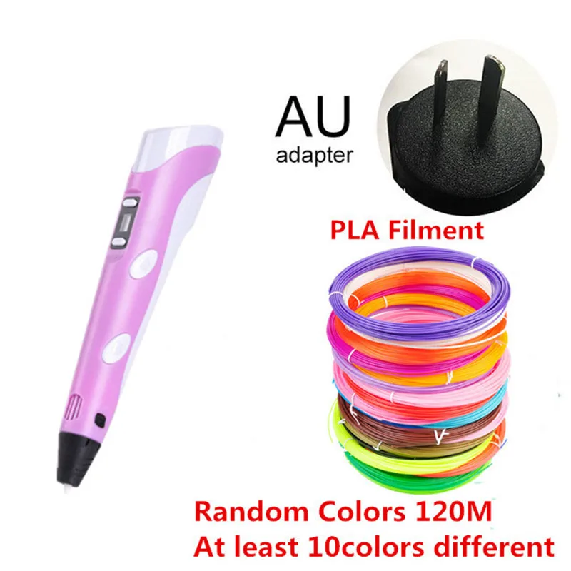 AU PINK 120M 3D ручка, ручка для 3d-печати, светодиодный дисплей, 3D ручки с 20 цветами, PLA ABS нити, зарядка через usb, 3D Ручка, набор для детей и взрослых, подарок - Цвет: AU PINK 120M