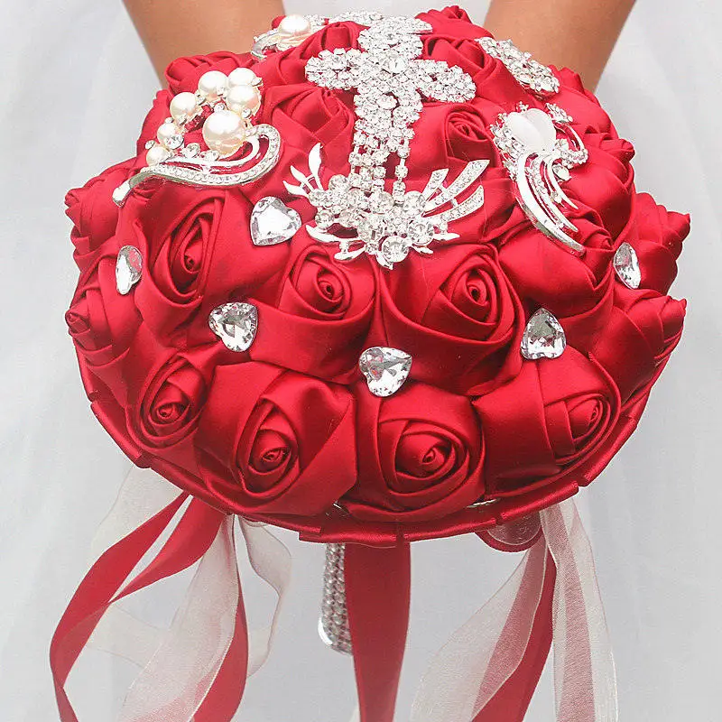Европейские свадебные цветы цвета слоновой кости атласные розы свадебные букеты Искусственные жемчуг кристалл держа цветок свадебный