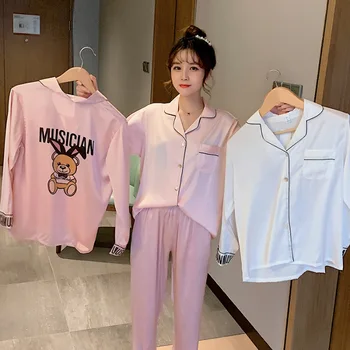 

2020 Pajamas Women's Spring and Autumn Silk Korean-style INS Wind Long-sleeved Cardigan Imitated Silk Fabric Cute Cartoon Bear H