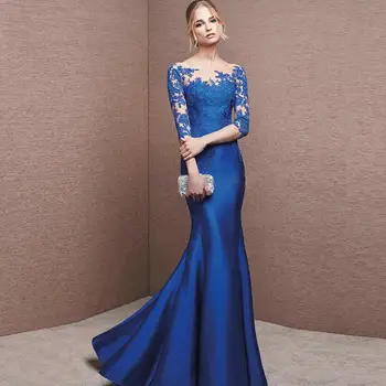 

Lace Embroidery Formal Evening Dress Robe De Soiree Sexy O Neck Half Sleeve Mermaid Evening Gown Illusion Party Prom Dress