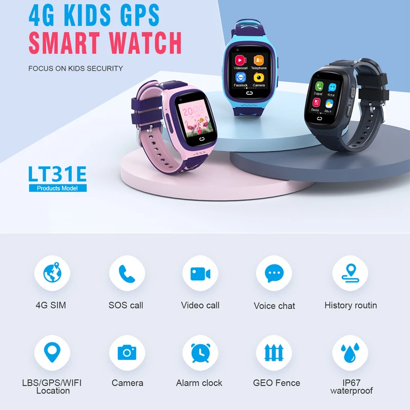 어린이 스마트 워치 4G GPS LBS SOS 카메라 화상 통화, IP67 방수 학생 위치 원격 모니터링, LT31, 1.4 인치 대 LT21