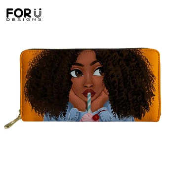 

FORUDESIGNS Fashion Women's Long Wallets African Girls Pattern Change Coin Purse Afro Arts PU Leather Travel Passport Pockets